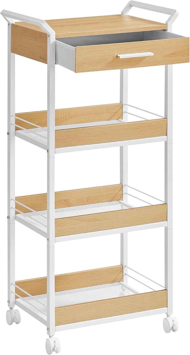 4 Tier Storage Trolley Rolling Cart with Drawer Table Top Mesh Shelves