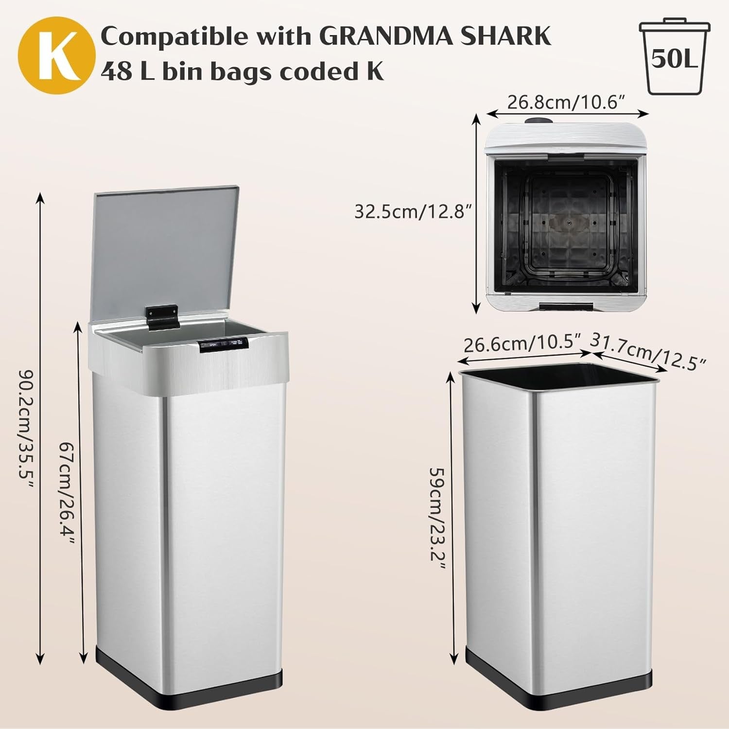 50L Automatic Sensor Kitchen Bin Stainless Steel USB Soft Close