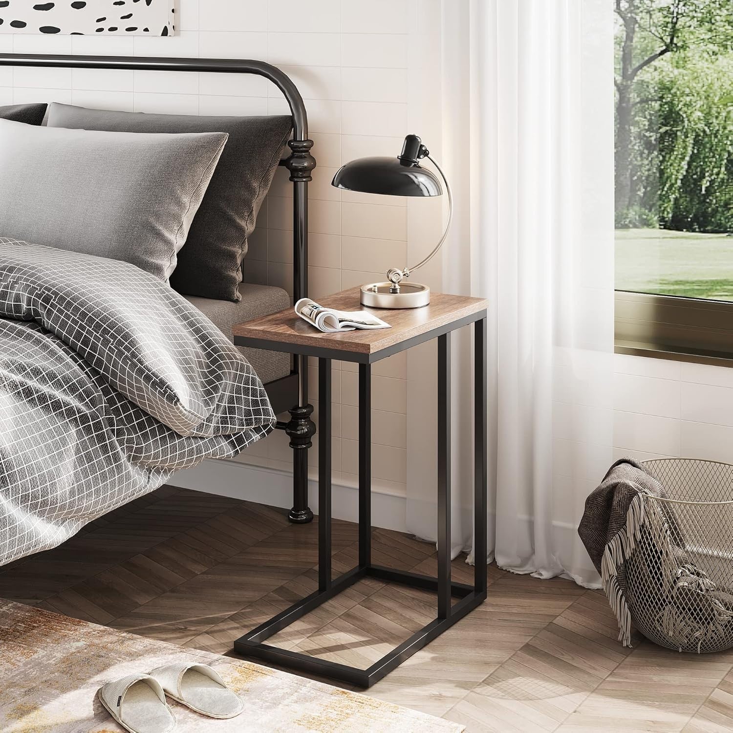 Space-Saving C-Shaped Side Table with 2-Tier Storage, Slim Durable Alloy Steel