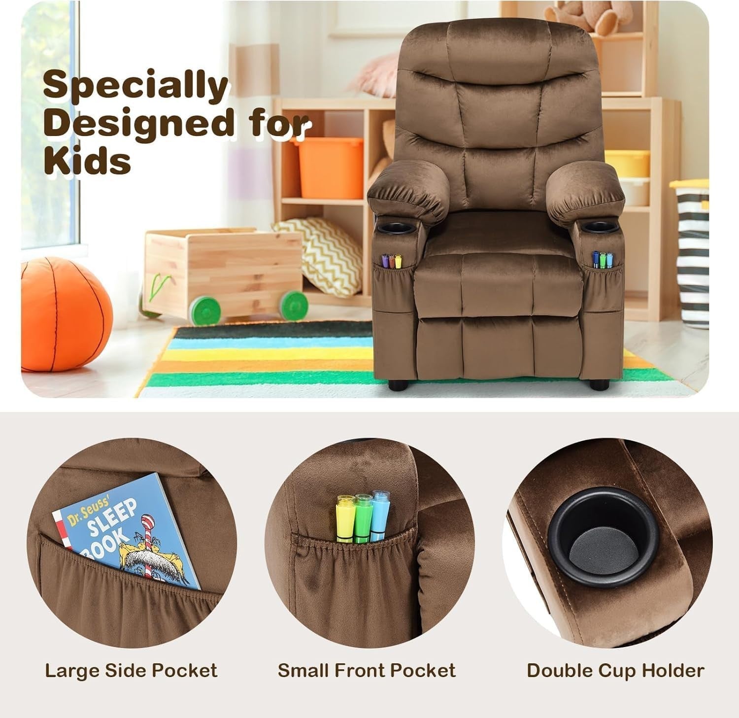 Adjustable Kids Recliner Chair Brown w/ Footrest, Velvet, Cup Holders & Storage