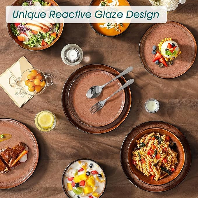 24pc Stoneware Dinner Set Plates Bowls Reactive Glaze Service for 6 Amber