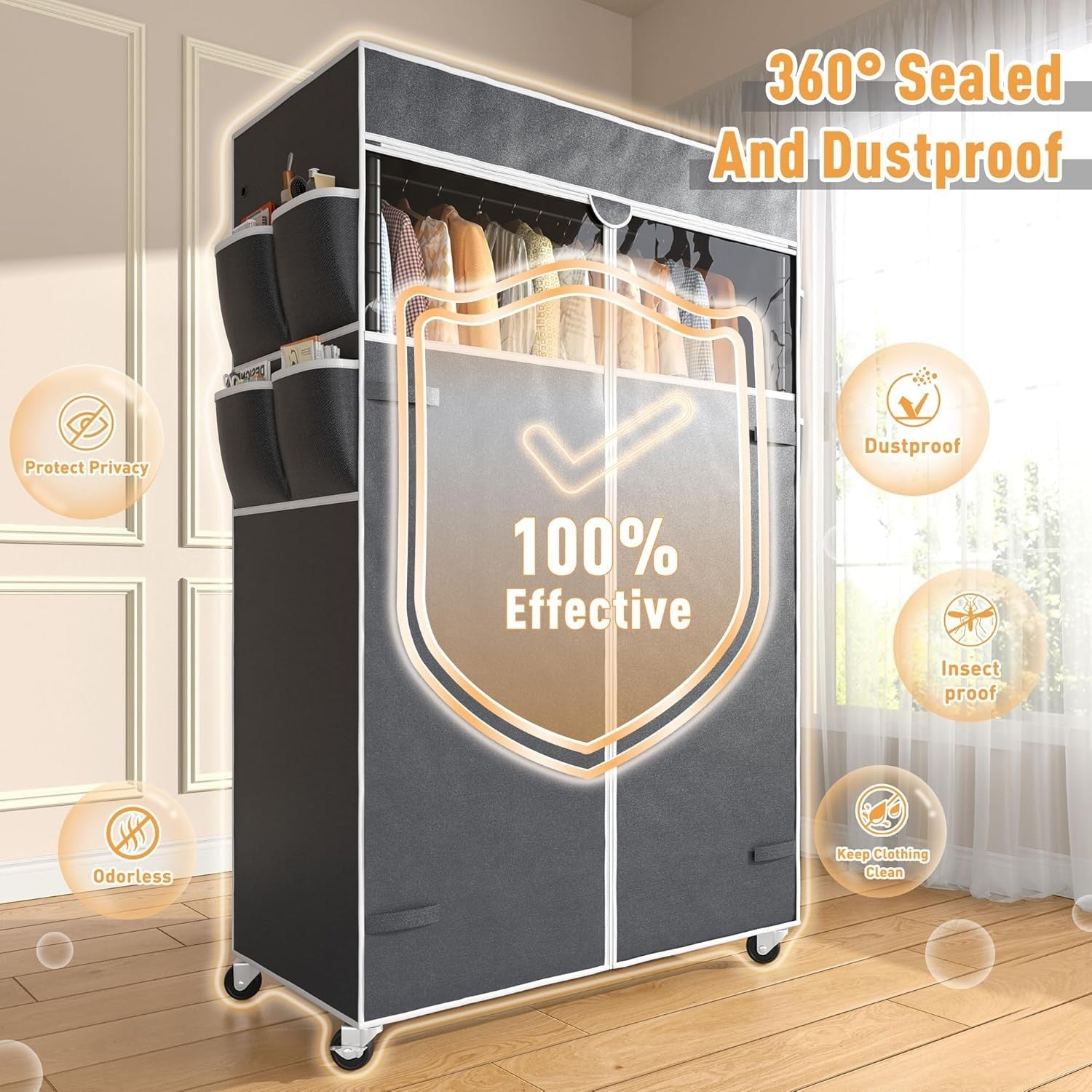 Heavy Duty Clothes Rail with Cover & Shelves – Black 204cm