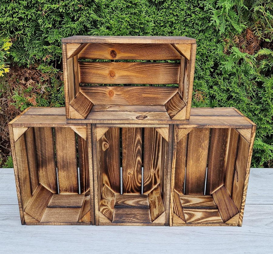 4-Piece Burnt Effect Wooden Storage Crates Organizer 30x20x15cm Durable