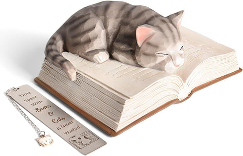 Sleeping Cat Figurine on Book with Bookmark | Cute Cat Lover Gift Home Decor