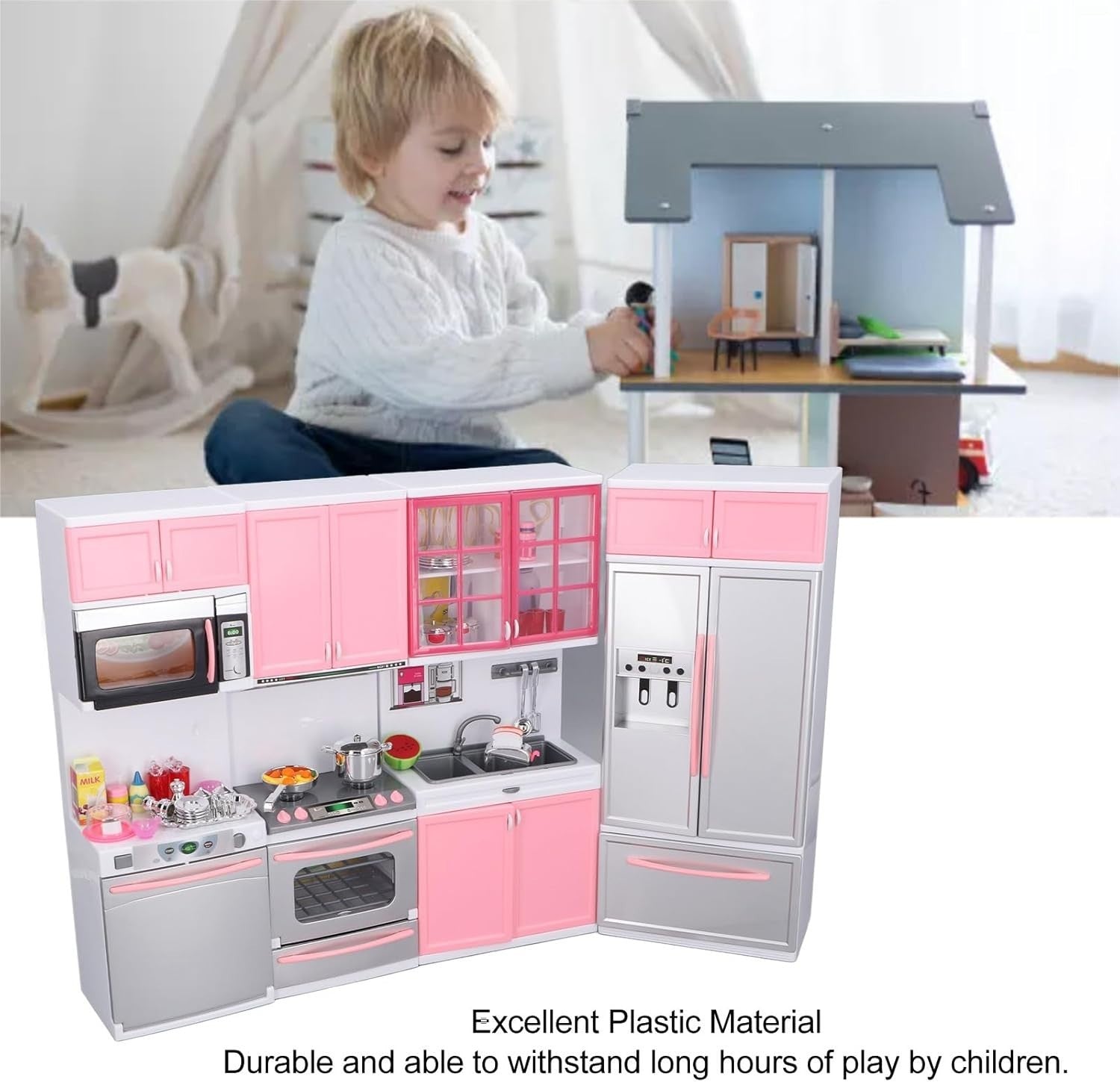 Kids Play Kitchen Pink w/ Stove Oven Microwave Fridge Accessories