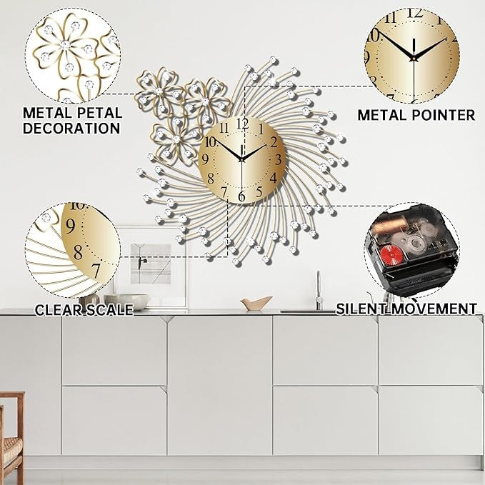 Large 50cm Gold Crystal Wall Clock Silent Modern Luxury Metal Round Home Decor