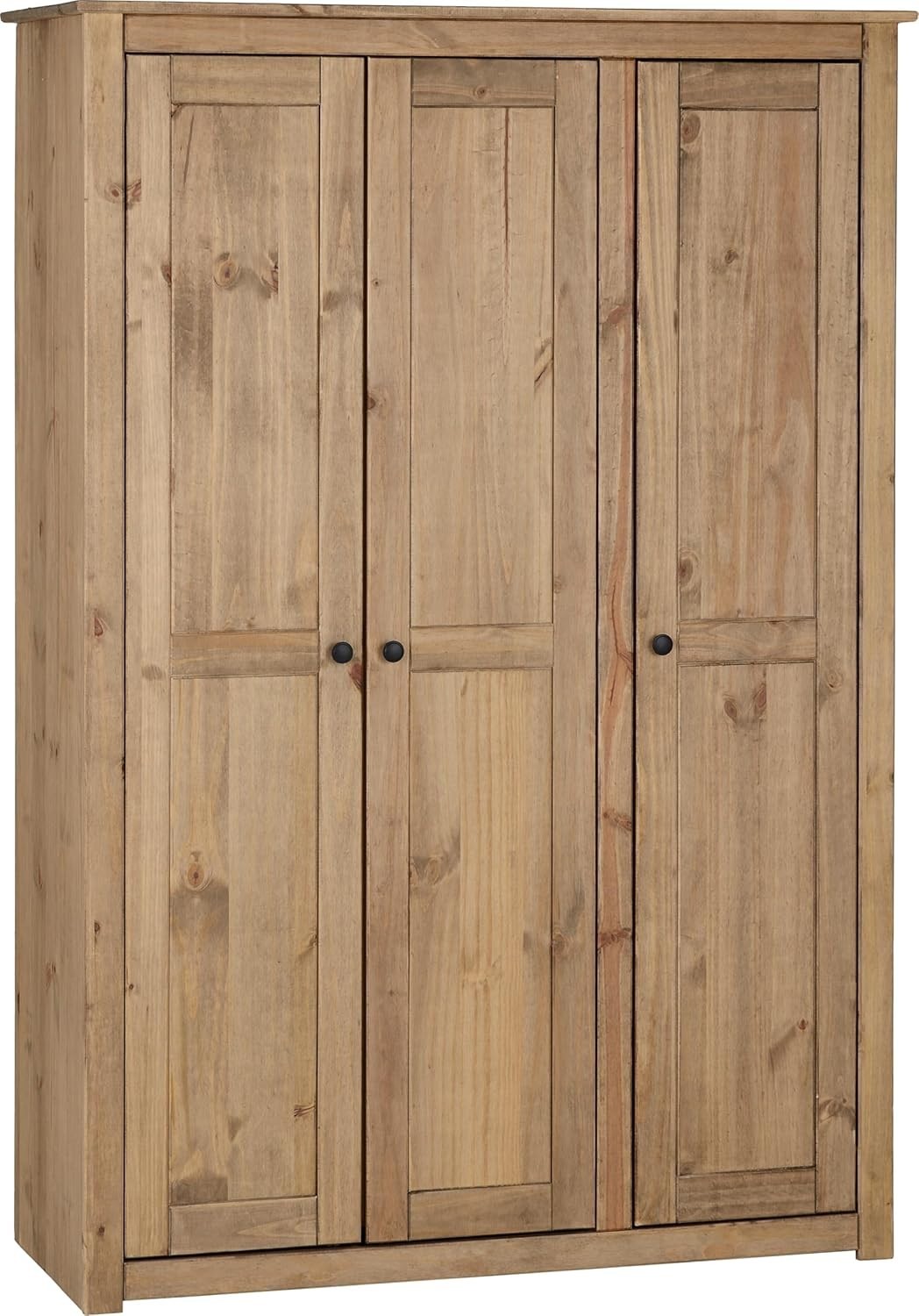 Rustic 3 Door Pine Wardrobe Natural Wax Finish Hanging Shelf Storage