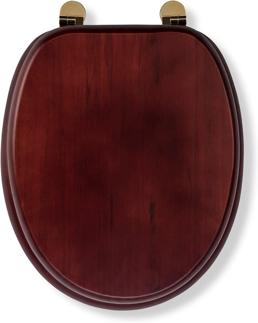 Solid Pine Toilet Seat Mahogany Oval Wood Adjustable Hinges 48x38cm