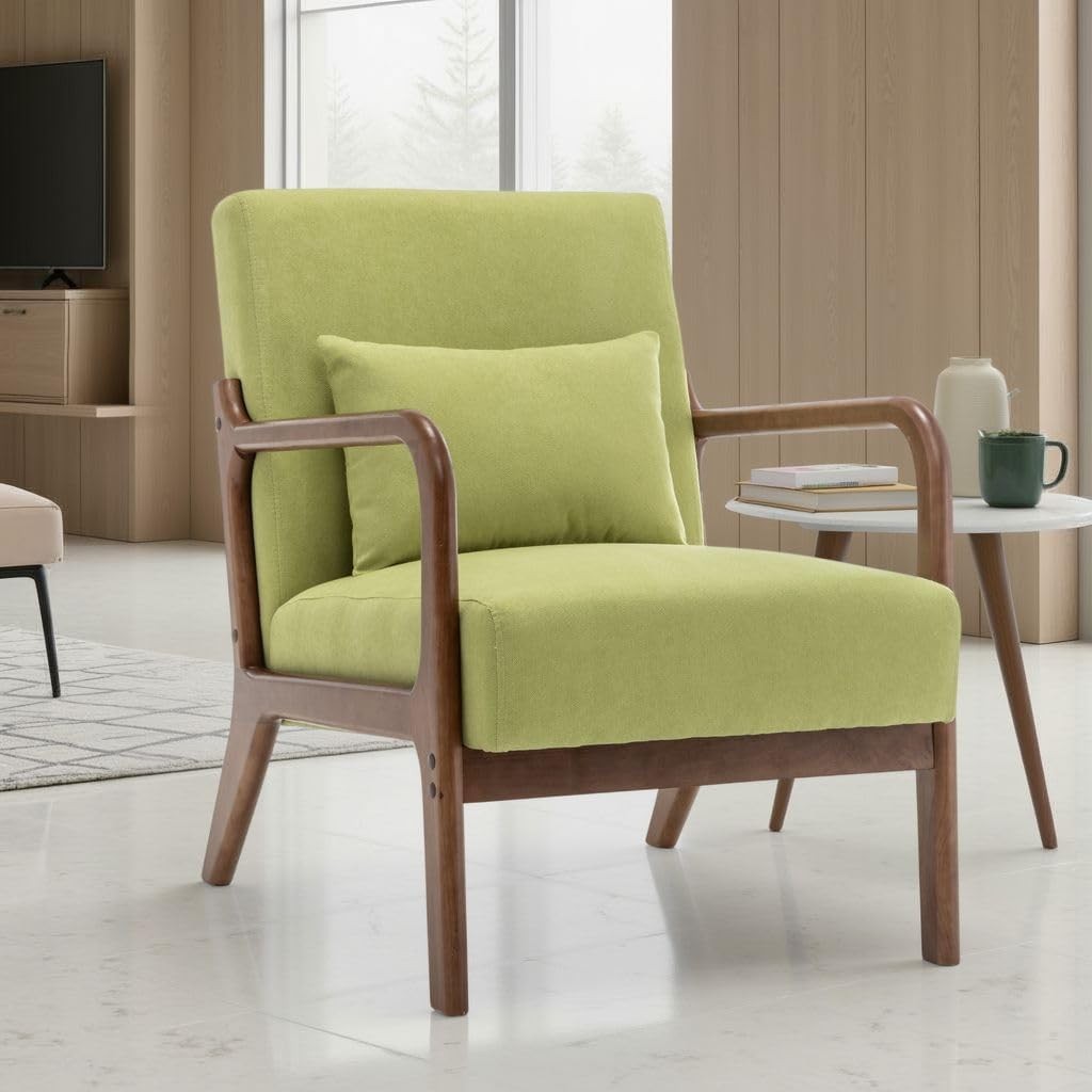 Lime Green Cotton Accent Chair – Solid Wood Armchair w/ Lumbar Cushion