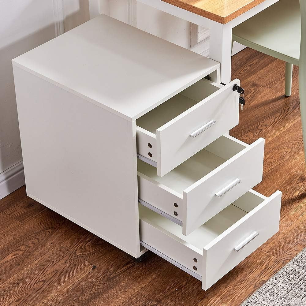 White Lockable Mobile Filing Cabinet 3 Drawer A4 Under Desk on Wheels