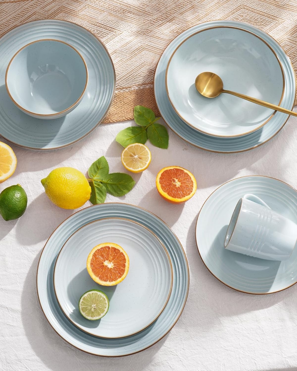 12pc Stoneware Dinner Set Light Blue Gold Rim Plates Bowls Dishwasher Safe