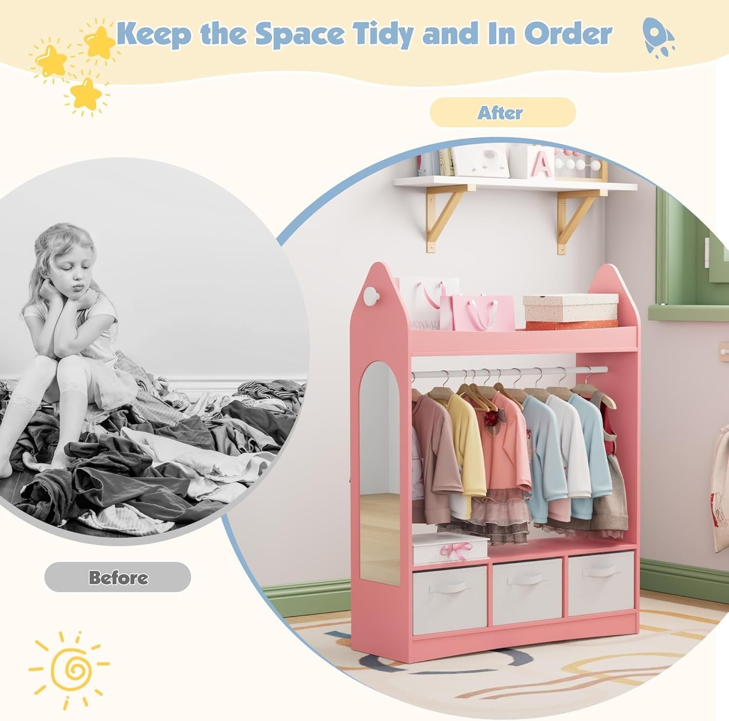Kids Wardrobe with Mirror, 3 Drawers & Hanging Rail, Pink Rocket Design
