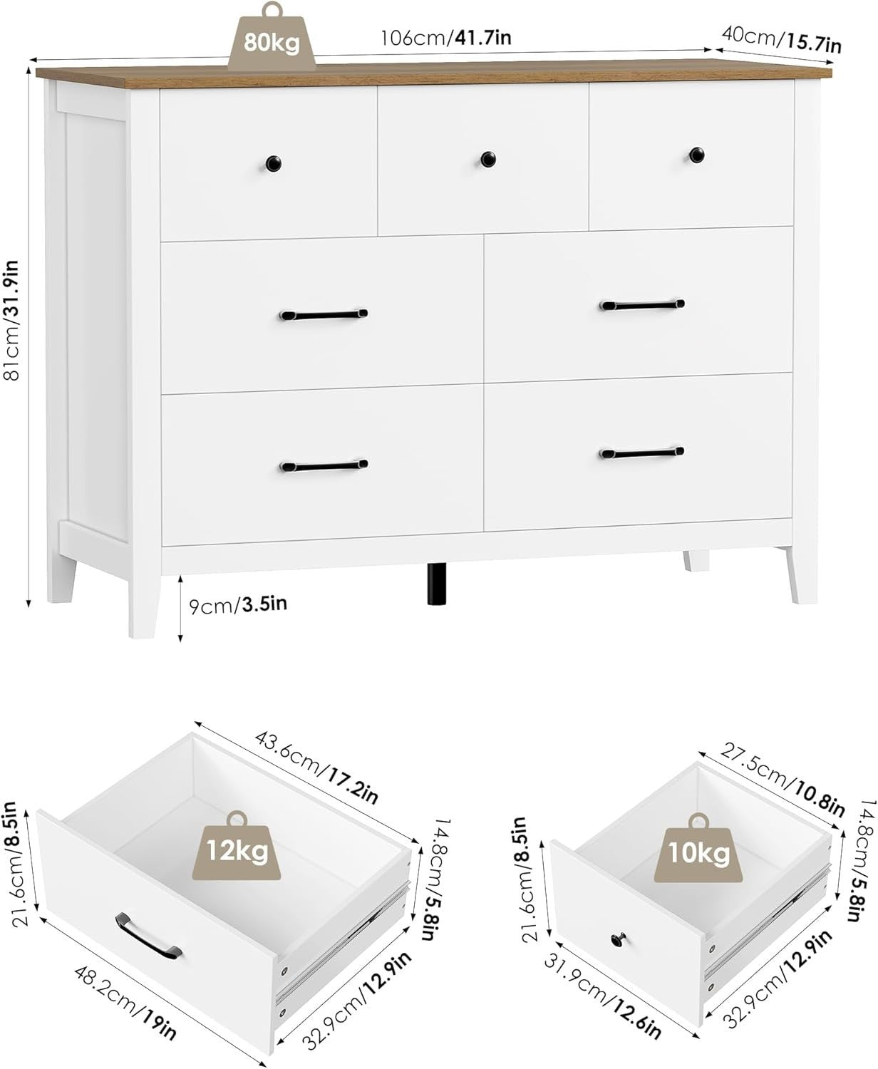 White 7 Drawer Chest with Oak Top – Modern Storage Cabinet for Bedroom & Hall