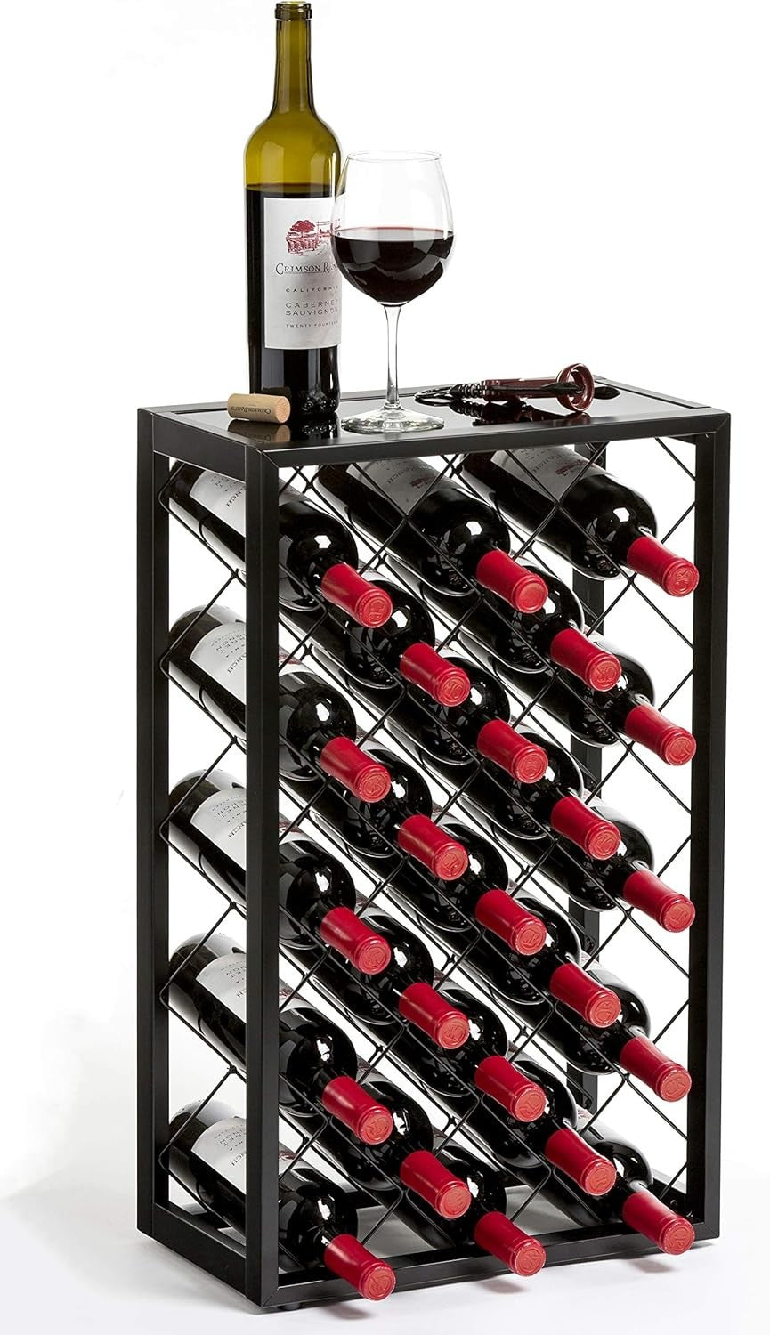 23 Bottle Metal Wine Rack with Glass Top Shelf Free Standing Black Kitchen Bar