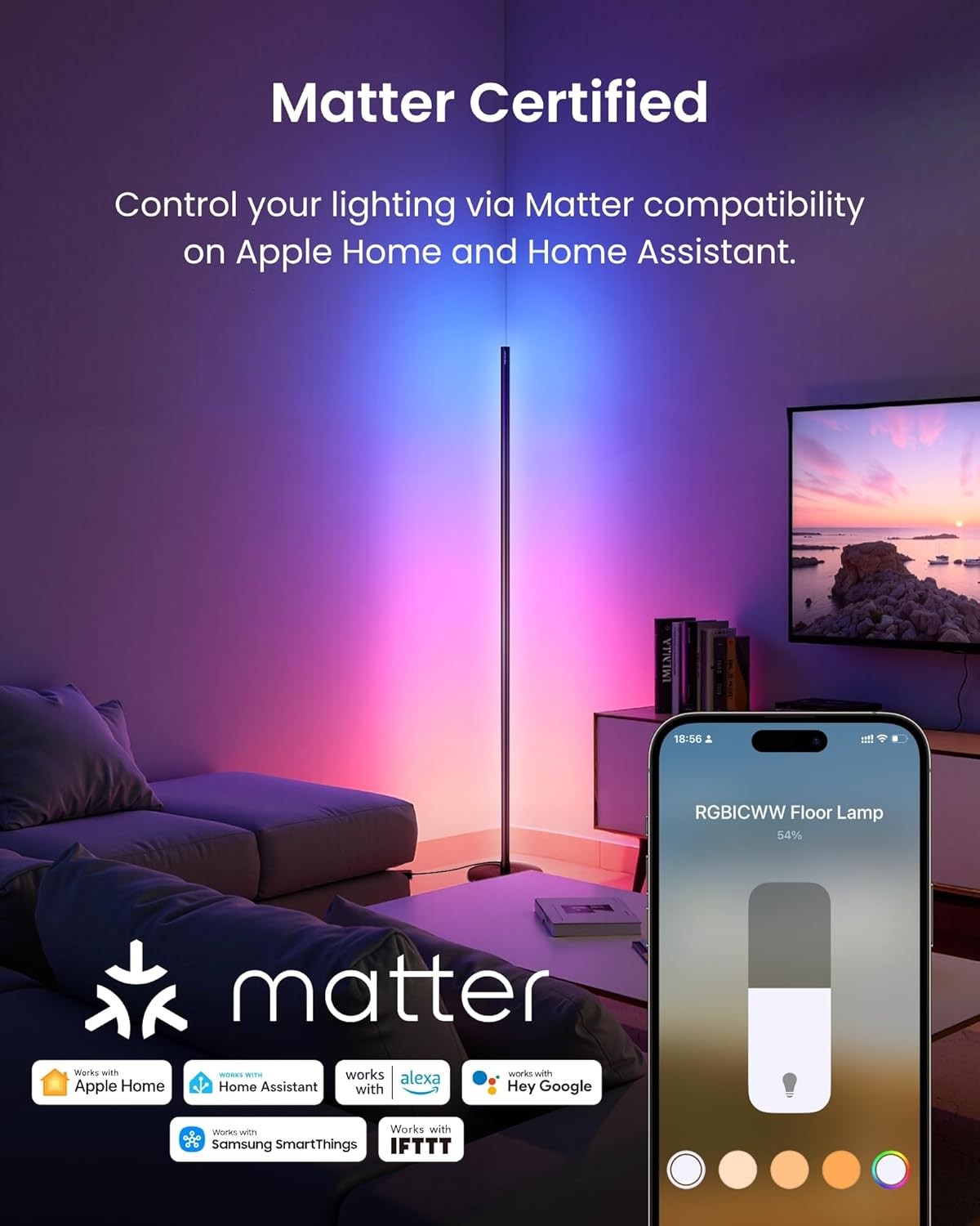 Smart LED Corner Floor Lamp RGB Colour Changing App Voice Control Light