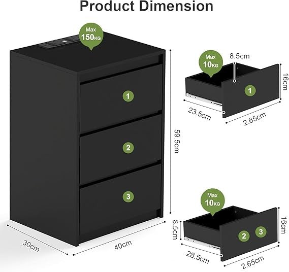 Modern Bedside Table with 3 Drawers & Power Station, Black Wooden Nightstand