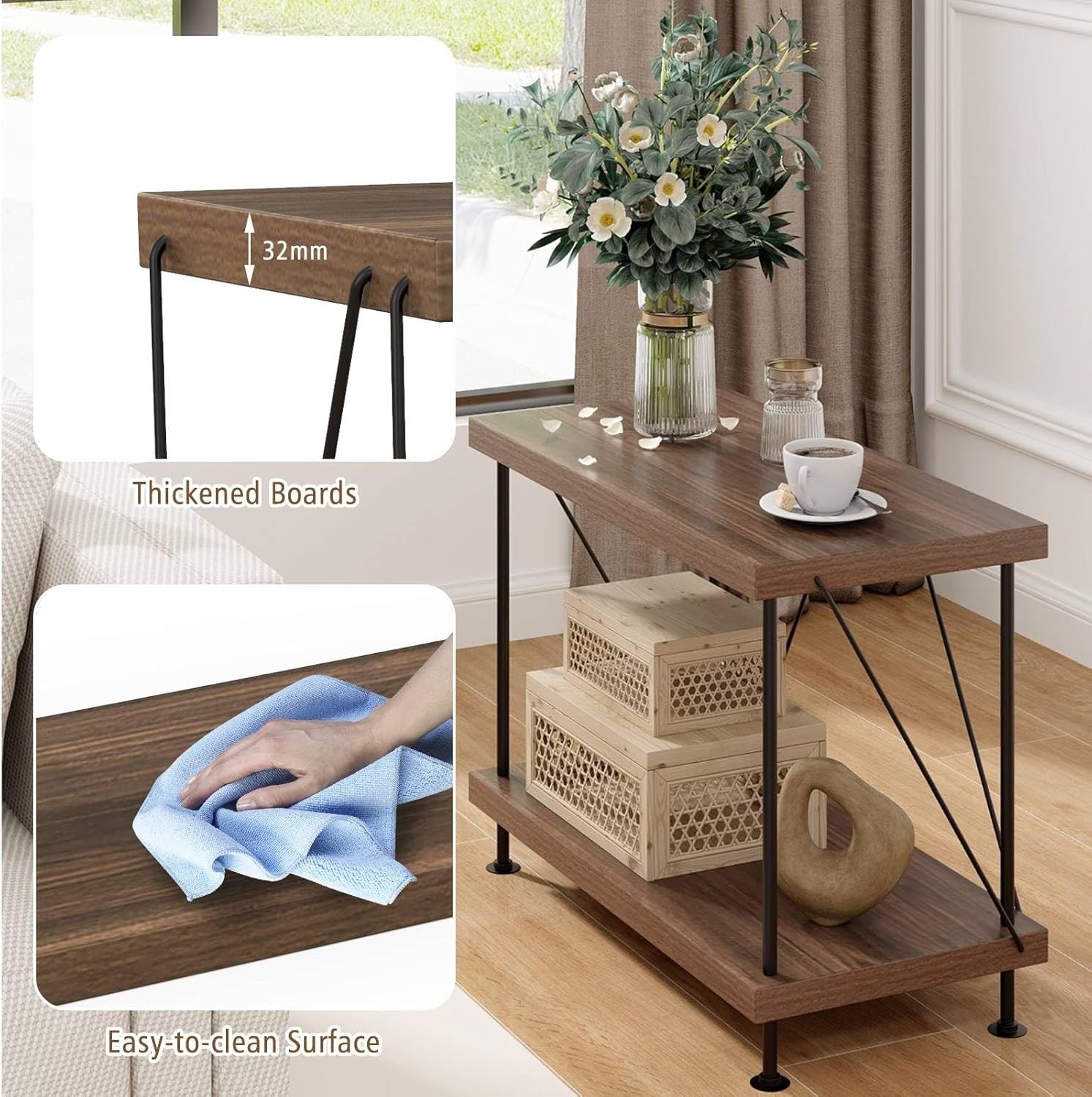 2-Tier Industrial Bookshelf Metal Frame Rustic Wood Storage Display Table Unit