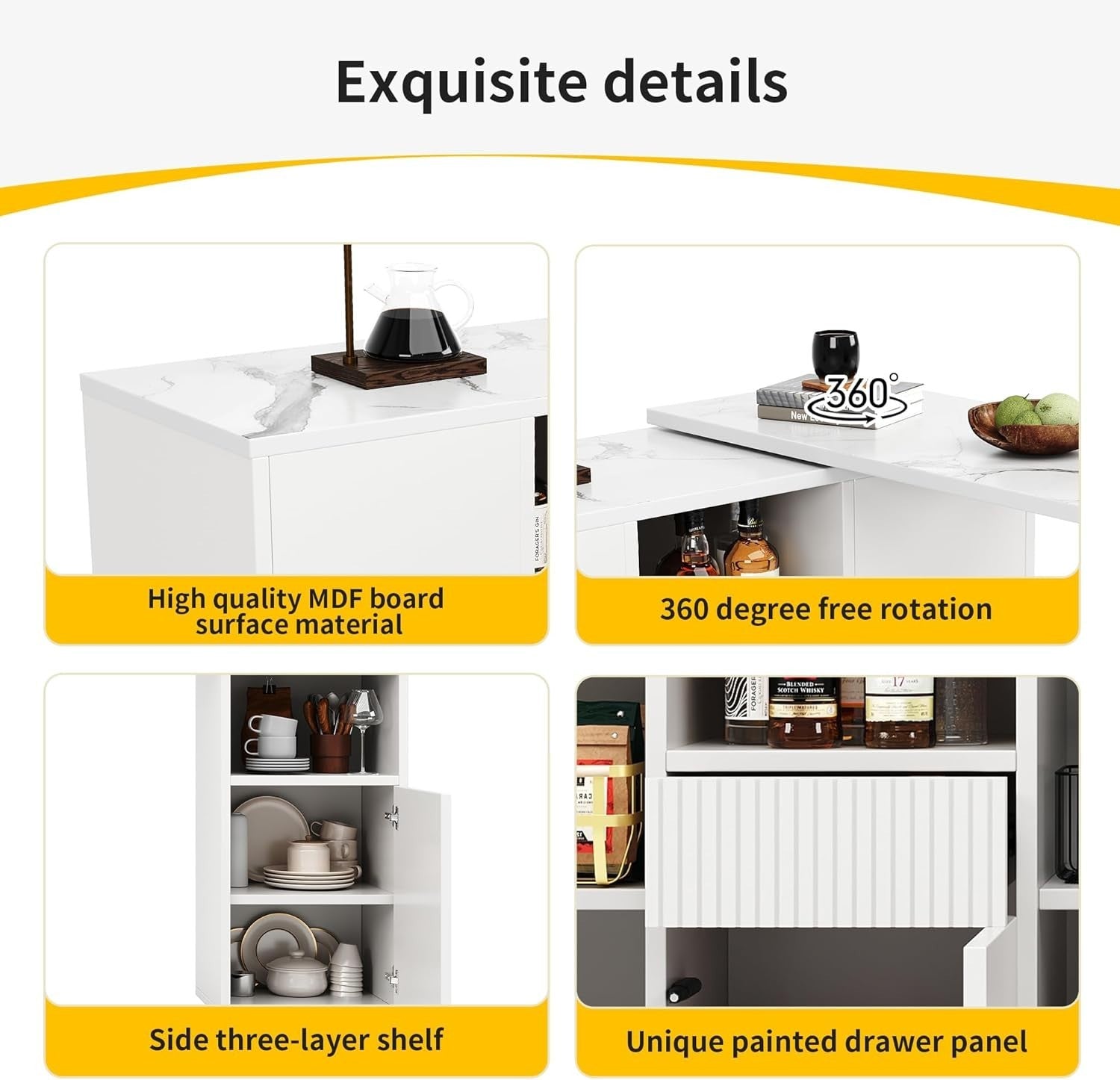 360° Swivel Extendable Kitchen Island Table with Marble Top & Storage