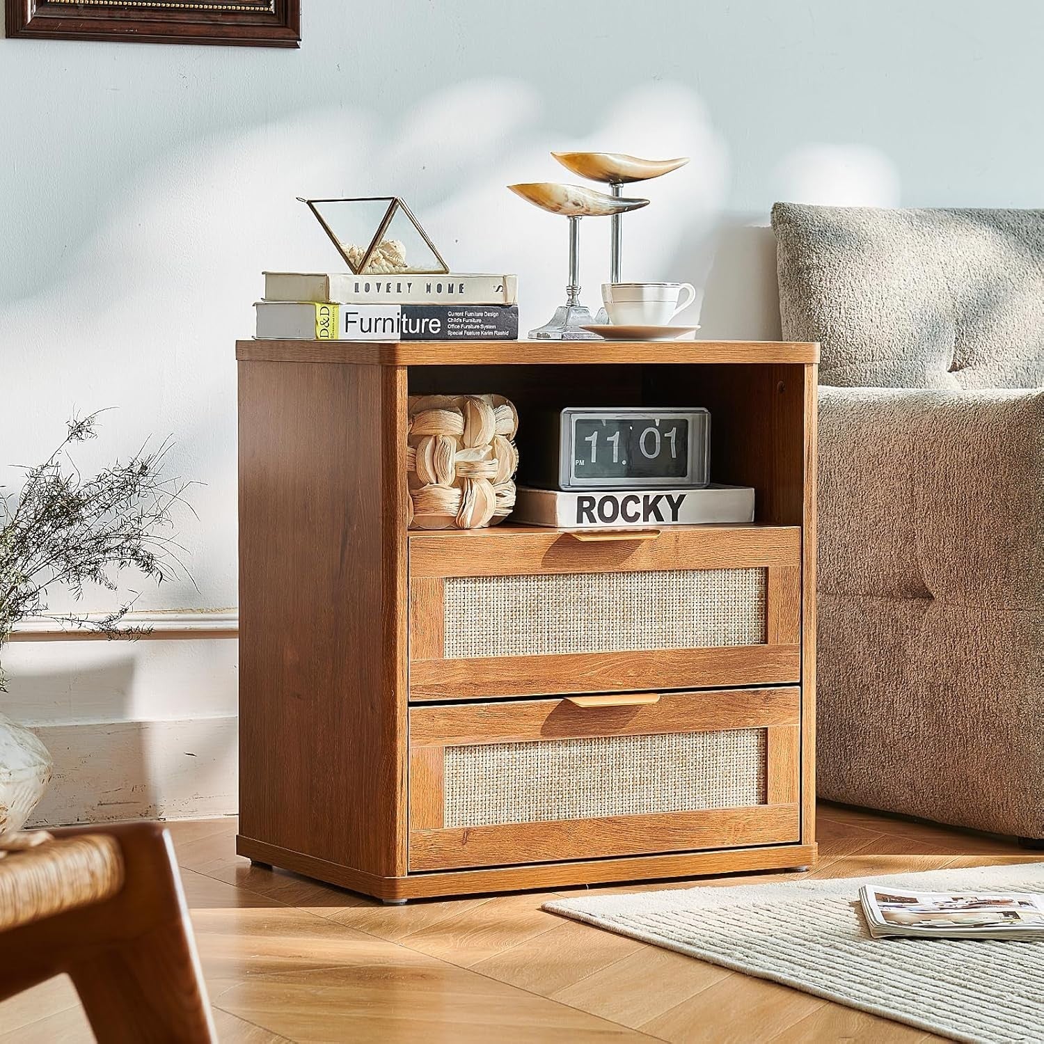 Wide Rattan Bedside Table with 2 Drawers Boho Wood Nightstand Storage Cabinet
