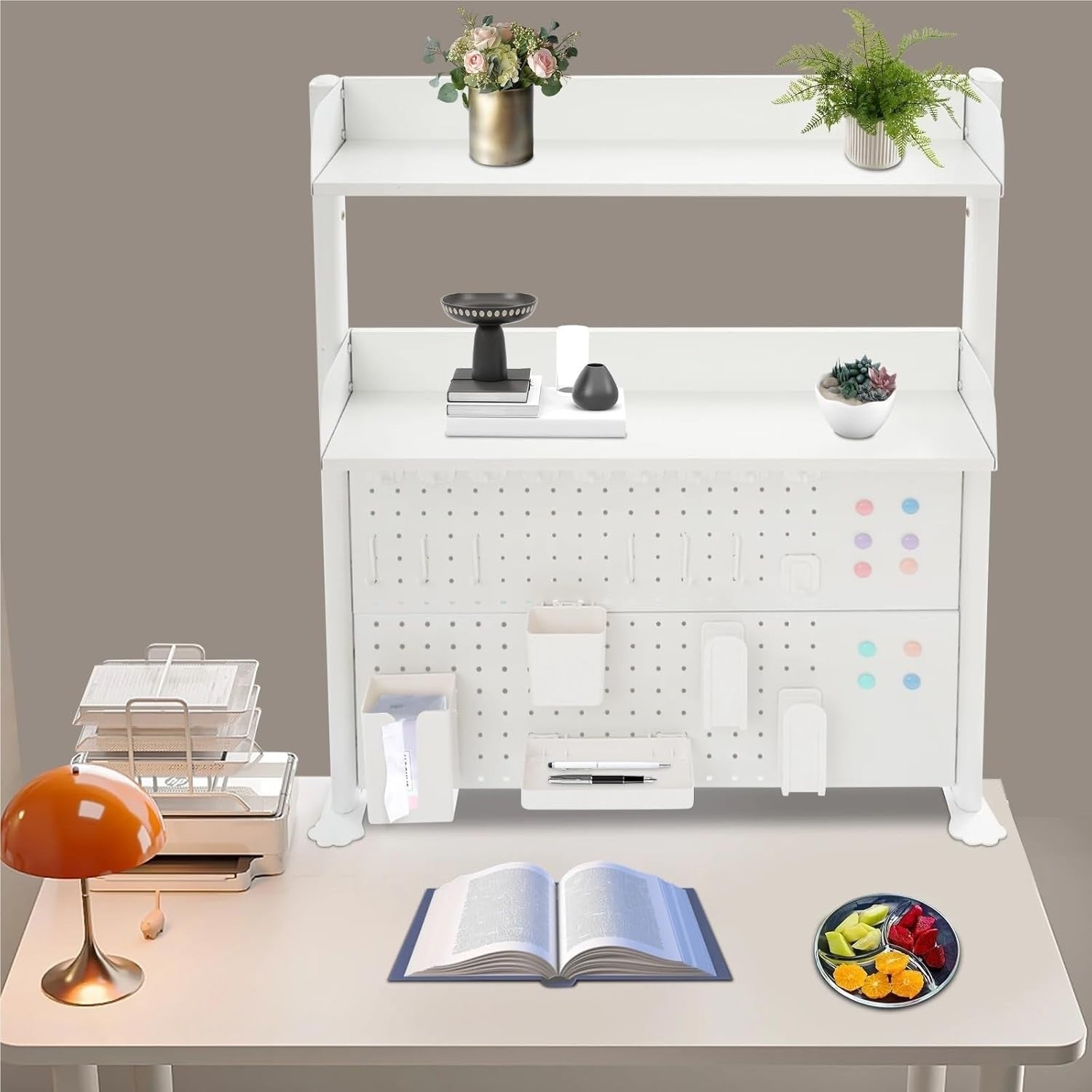 Clamp-On Desk Shelf Organizer Pegboard Bookshelf Space-Saving Shelf White
