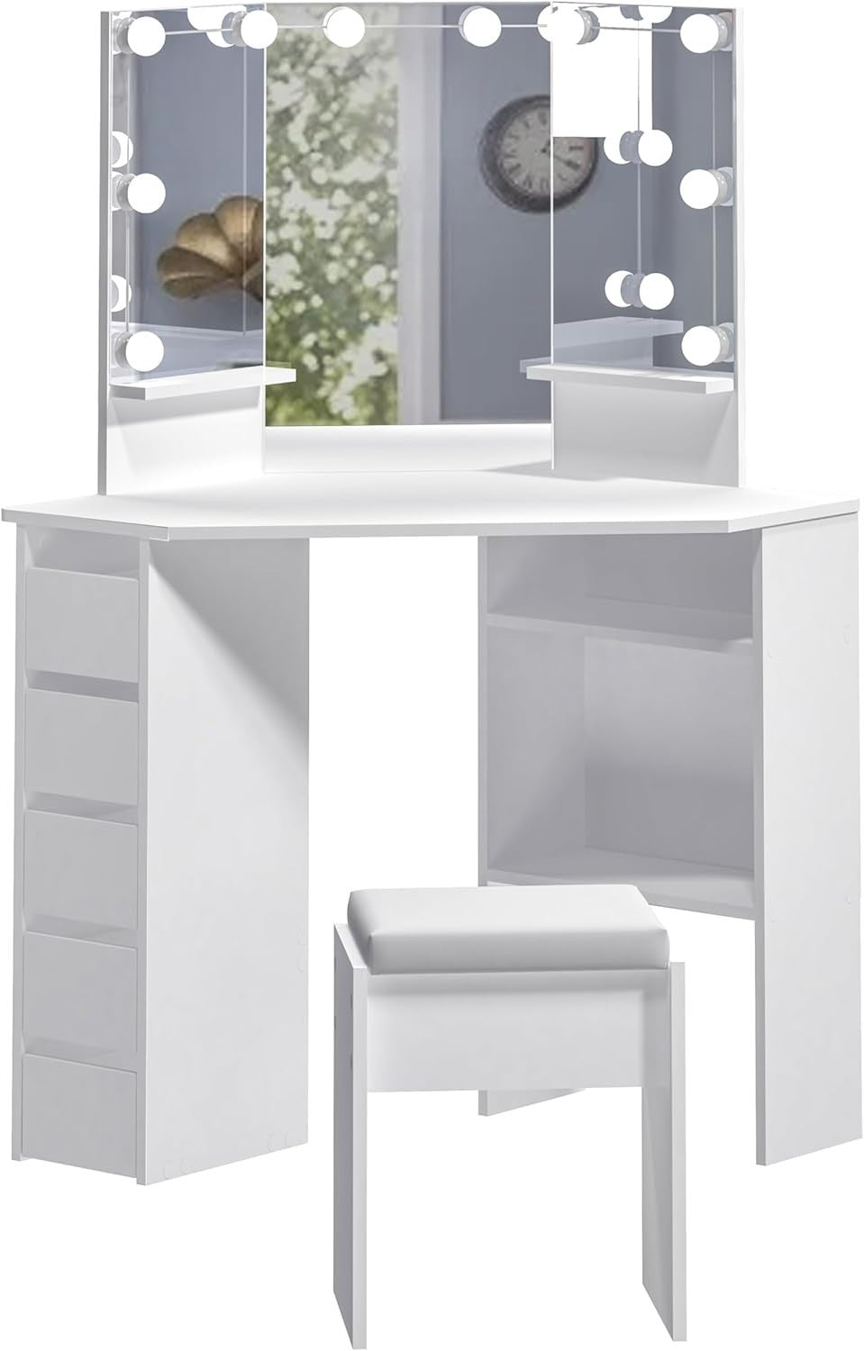 Corner Vanity Dressing Table 3 Fold Mirror 10 LED Lights 5 Drawers White/Black
