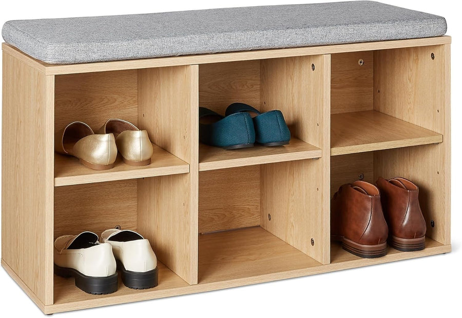 Oak Shoe Storage Bench with Cushion Seat 6 Compartments Adjustable Shelves