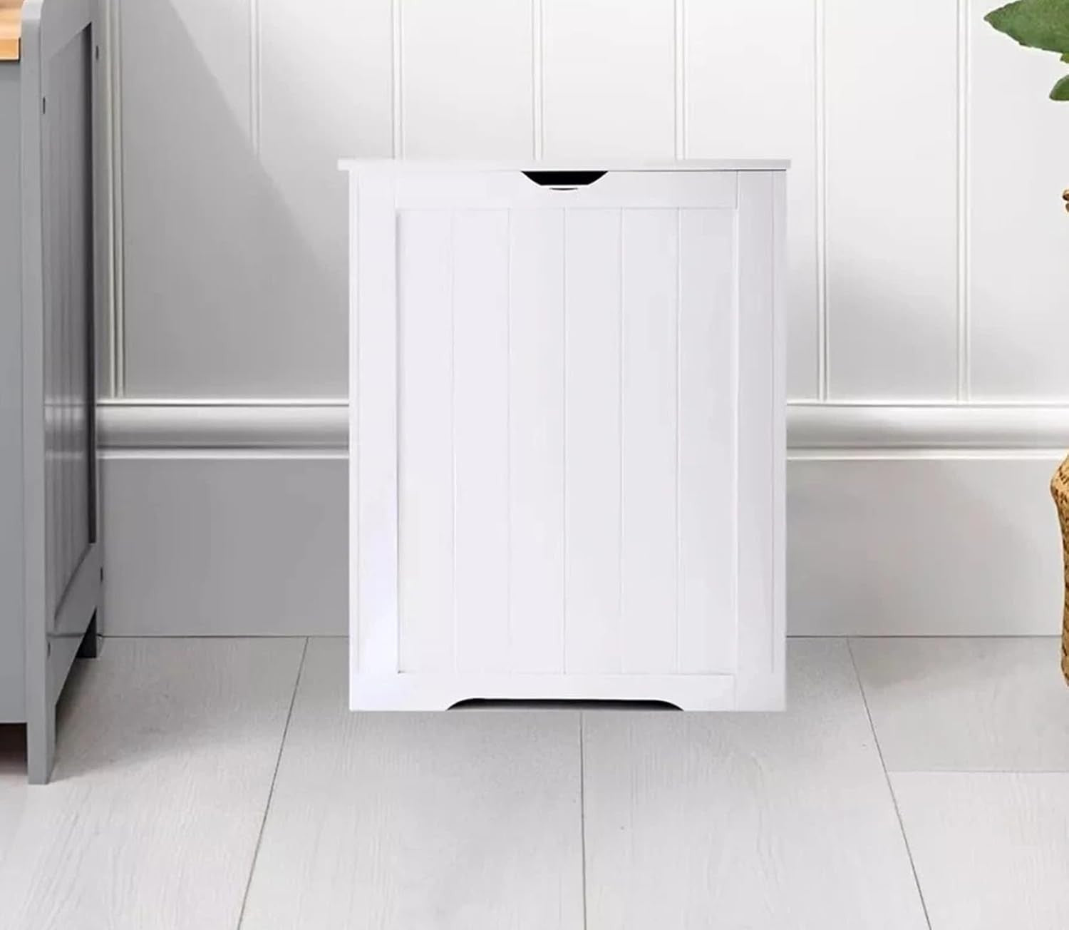 Laundry Hamper Cabinet Wooden Storage Chest with Lid White Bathroom Unit