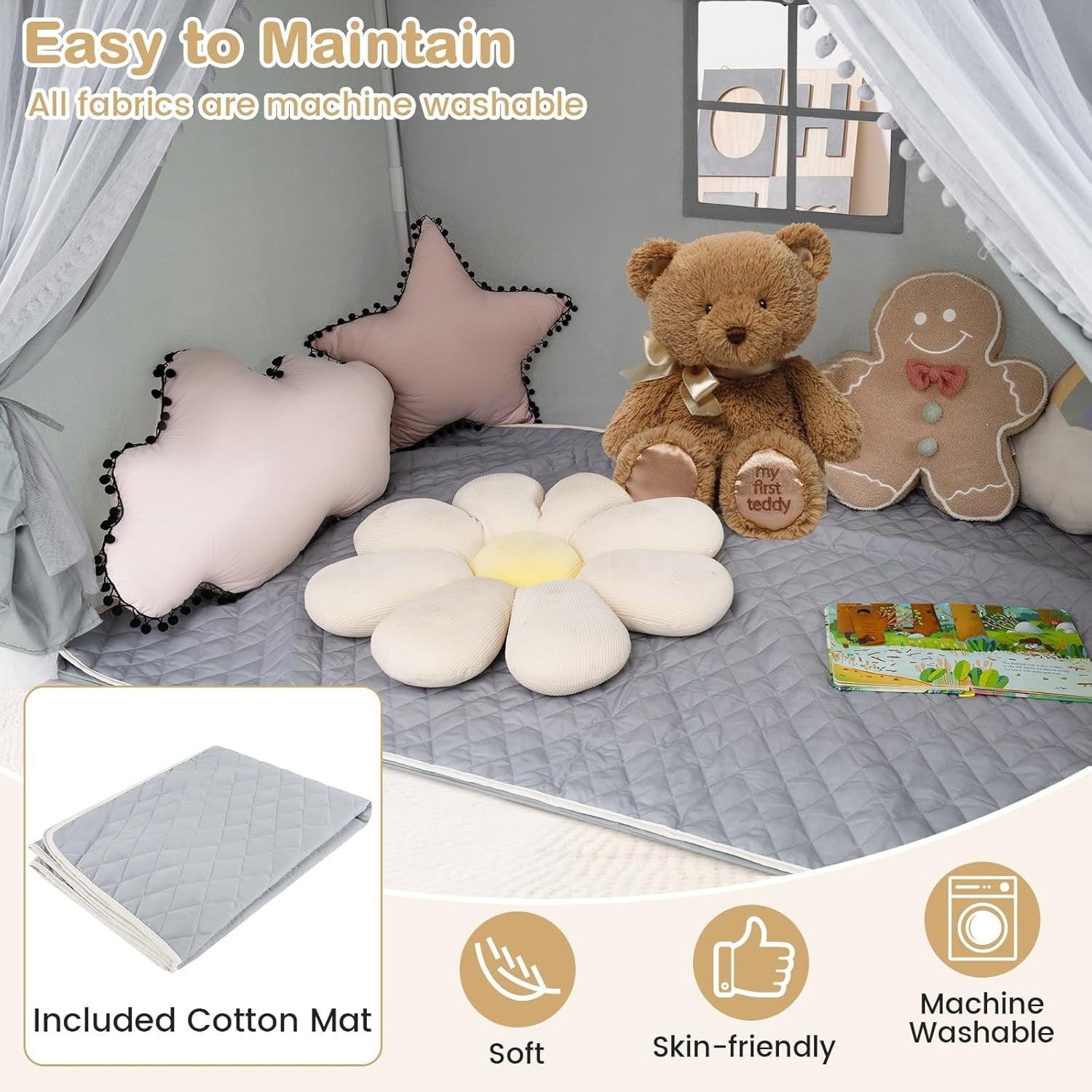 Grey Kids Fairy Castle Tent Indoor Outdoor Playhouse w Lights Mat