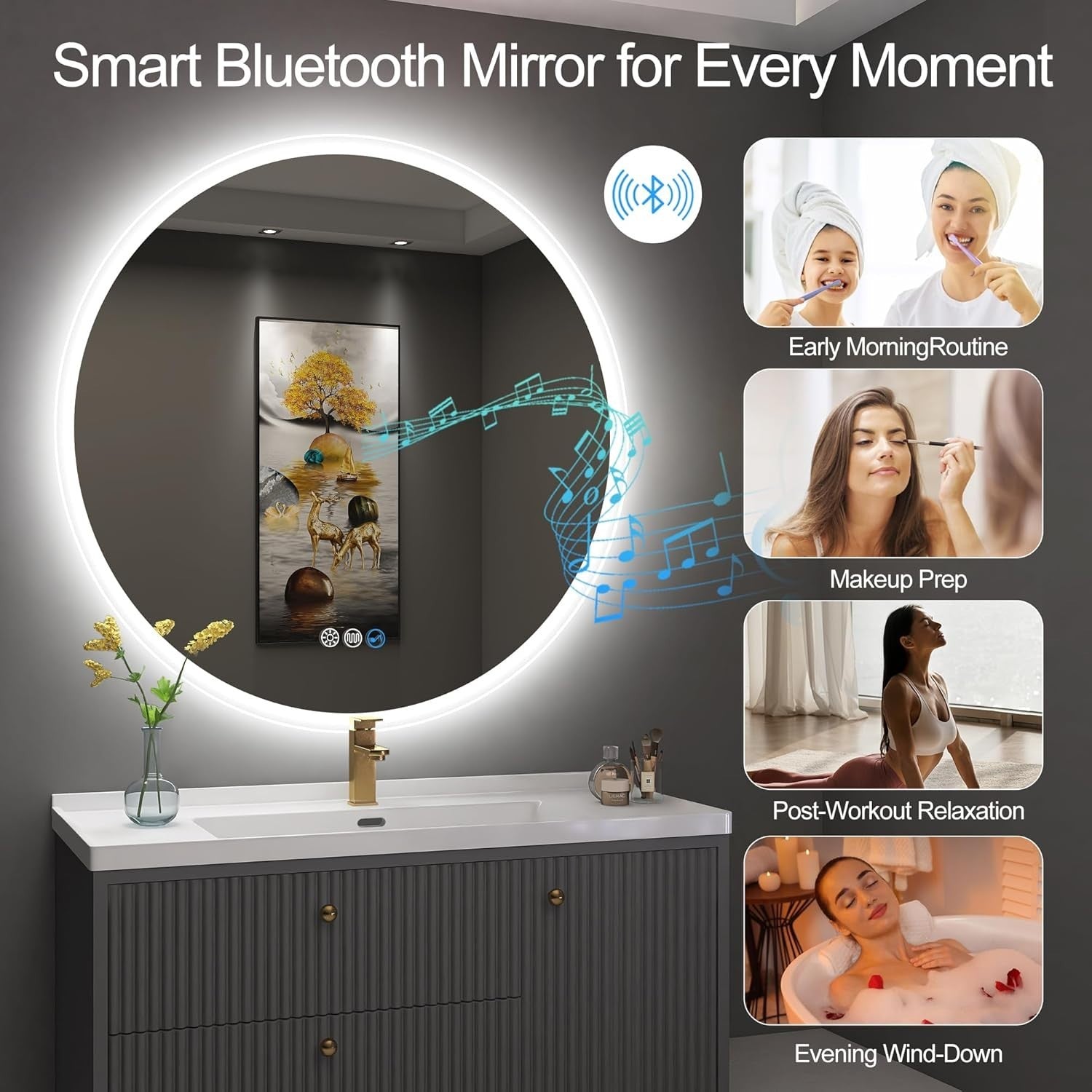 LED Bluetooth Bathroom Mirror 80x80cm with Anti-Fog & Memory Light