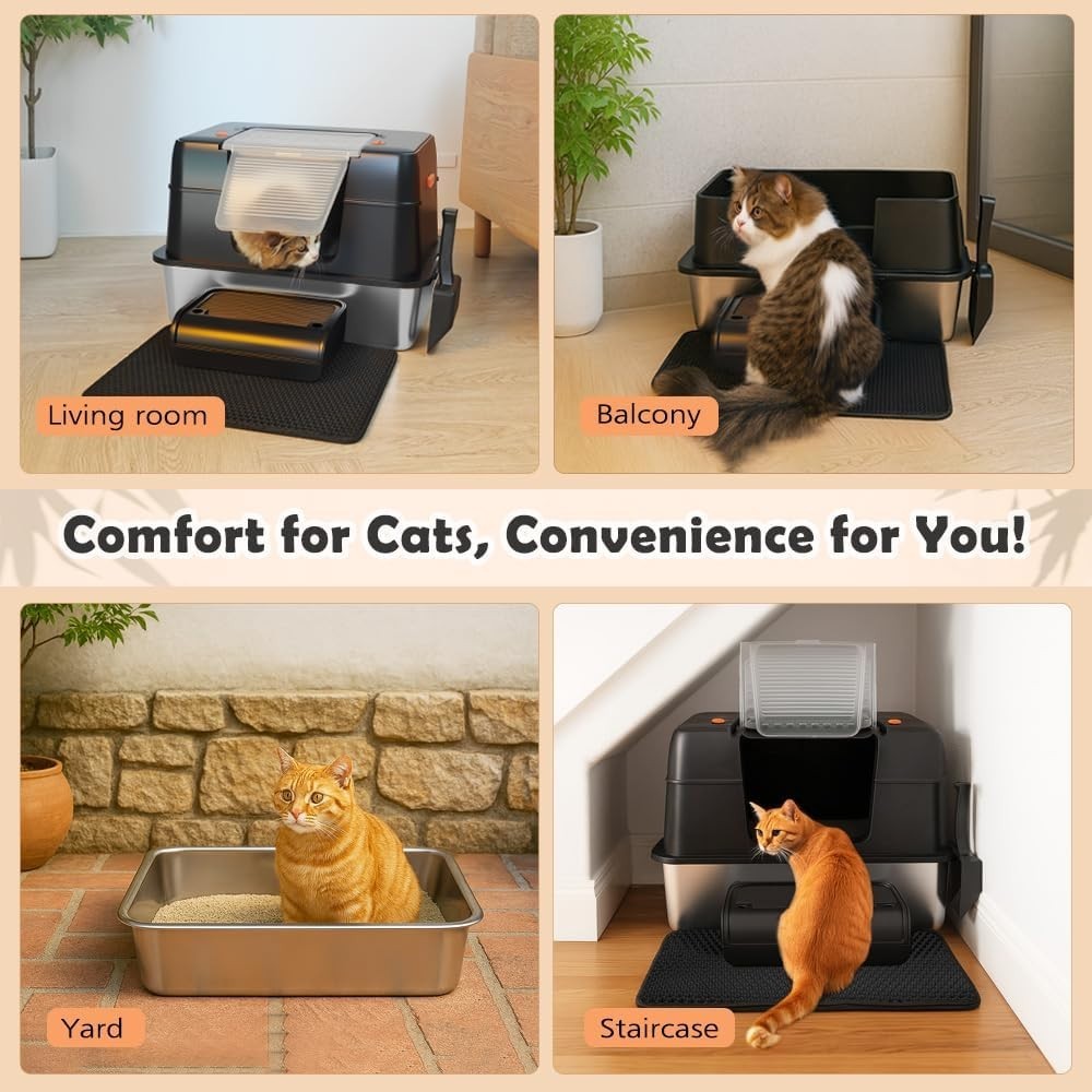 XXL Stainless Steel Cat Litter Tray Covered High Sided Enclosed Box