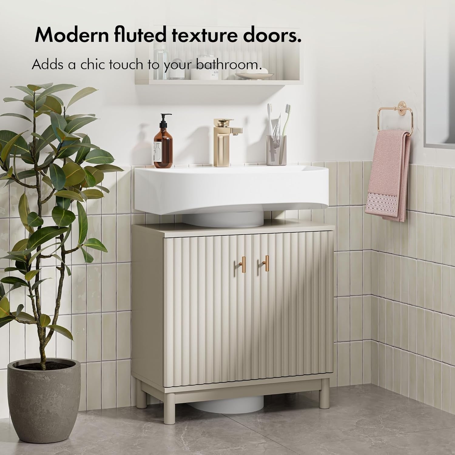 Stone Under Sink Bathroom Cabinet with Shelf Storage 60x30x60cm