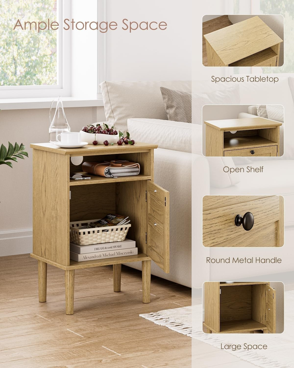 Light Oak Wooden Bedside Table with Door & Open Shelf | Modern Rustic Nightstand