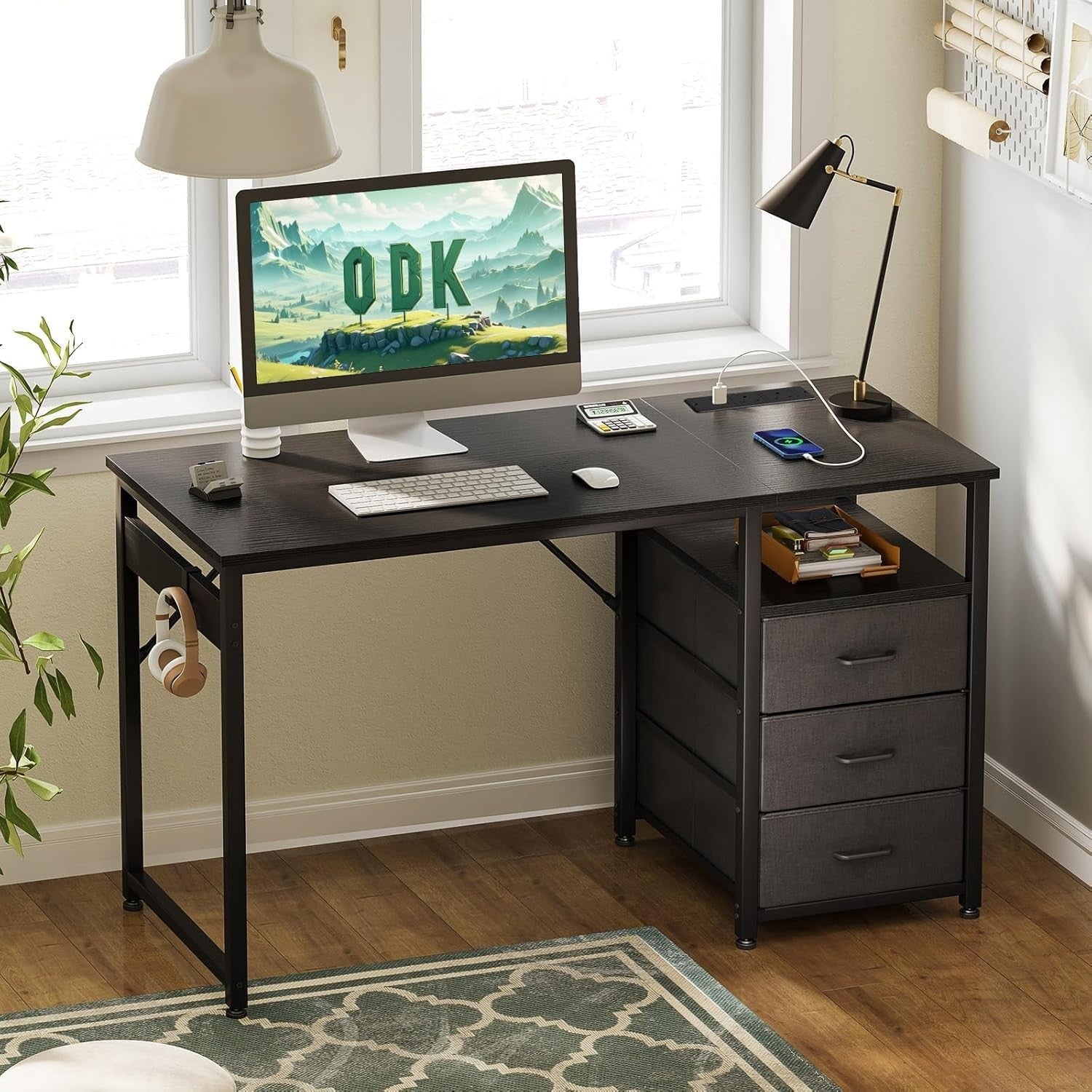 Black 120cm Computer Desk with Drawers, USB Ports & Power Sockets Office Table