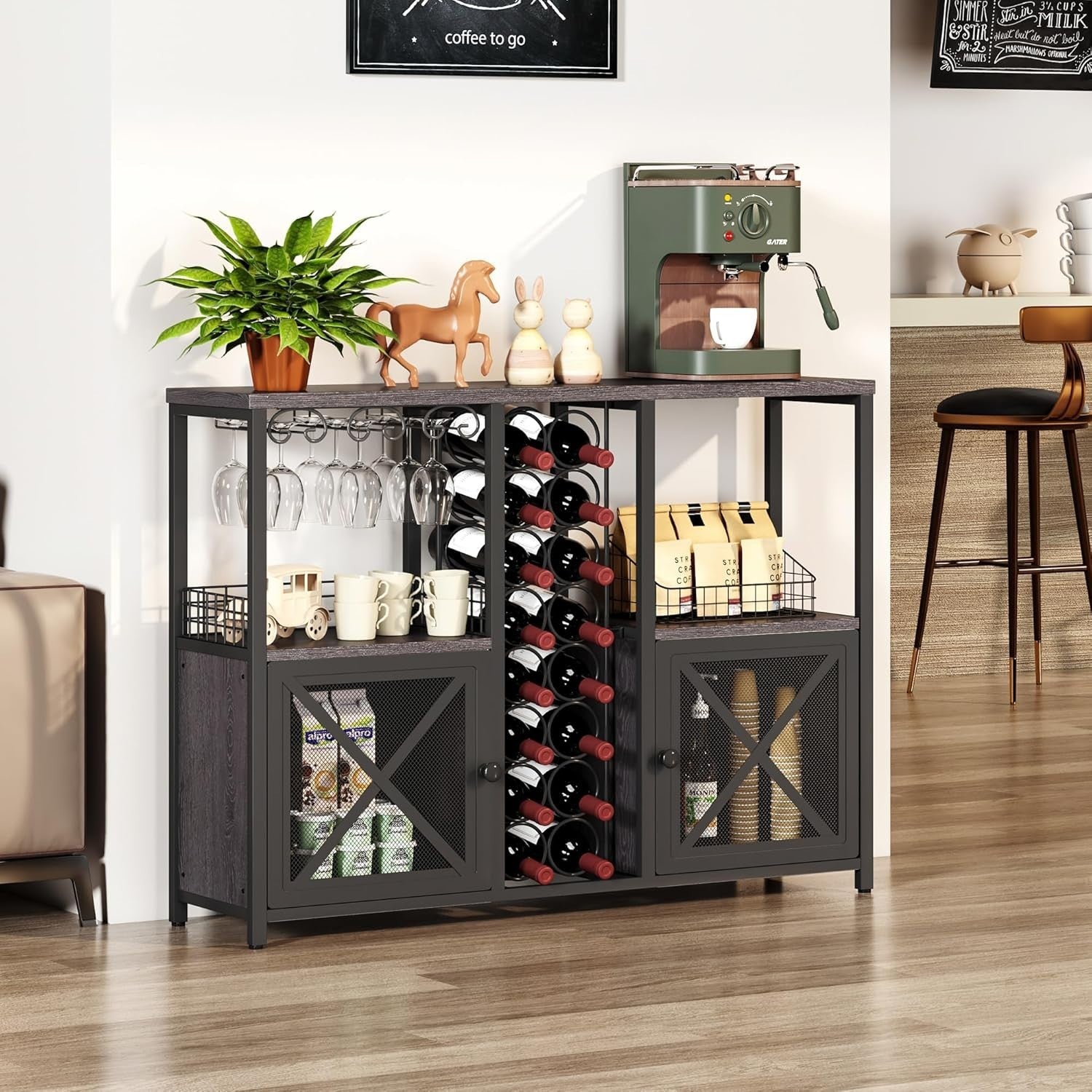 Rustic Home Bar Cabinet with Wine Rack & Glass Holder, Liquor Sideboard Storage