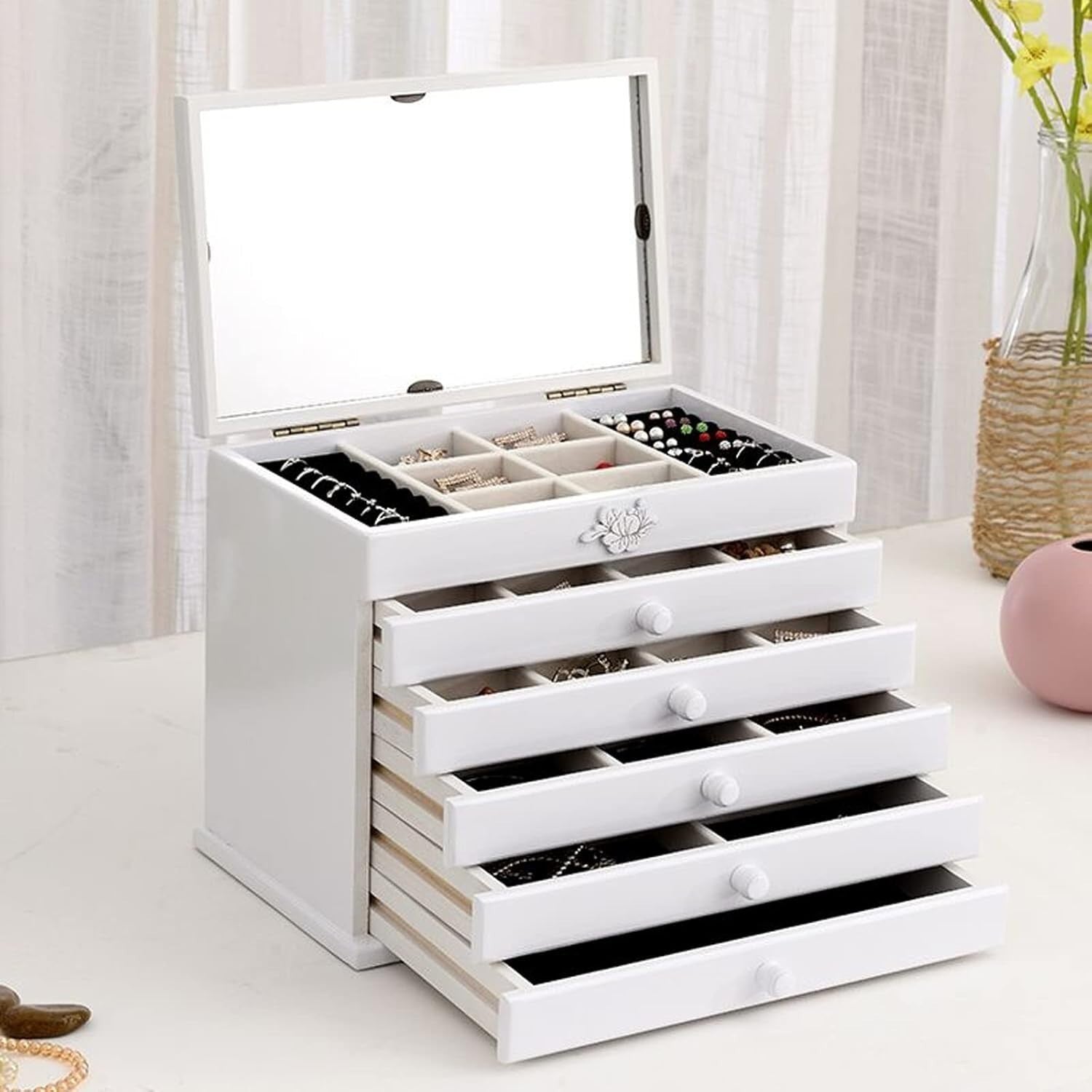 Lockable Wooden Jewelry Box Armoire 5 Drawer Organizer Velvet Lined