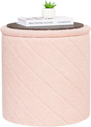 Pink Boucle Storage Ottoman Round Folding Footstool Tray-Top Vanity Seat