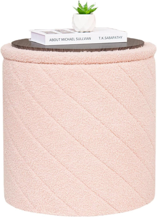 Pink Boucle Storage Ottoman Round Folding Footstool Tray-Top Vanity Seat
