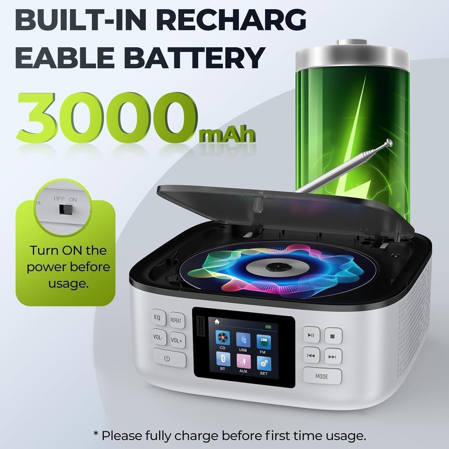 Rechargeable Bluetooth CD Player Boombox FM Radio LED Display Remote