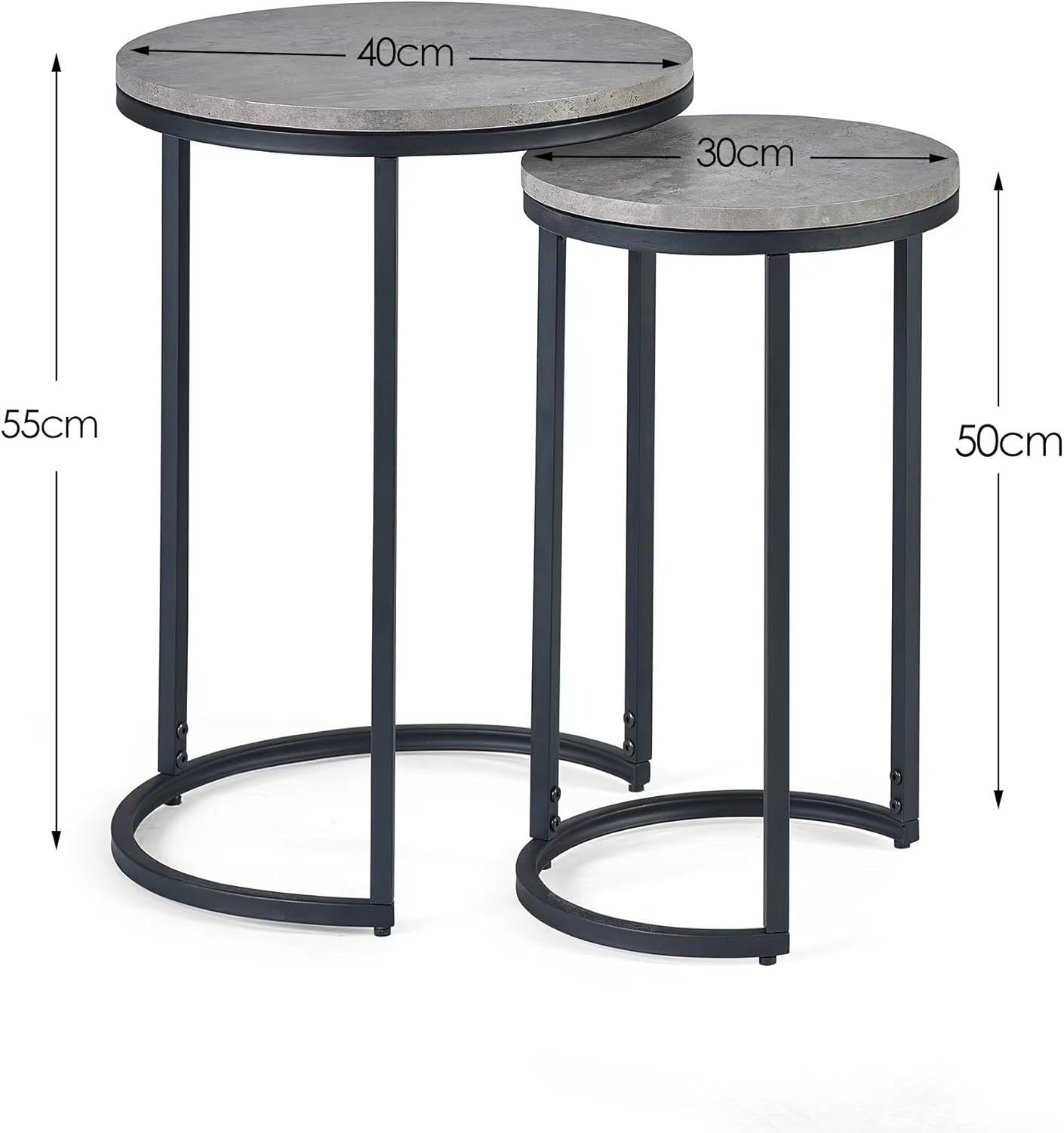 Round Nesting Side Tables Industrial Modern Concrete Black Metal Legs 2-Pack