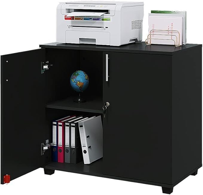 Black Wooden Office Storage Cabinet 2 Door Cupboard with Lock for Home & File