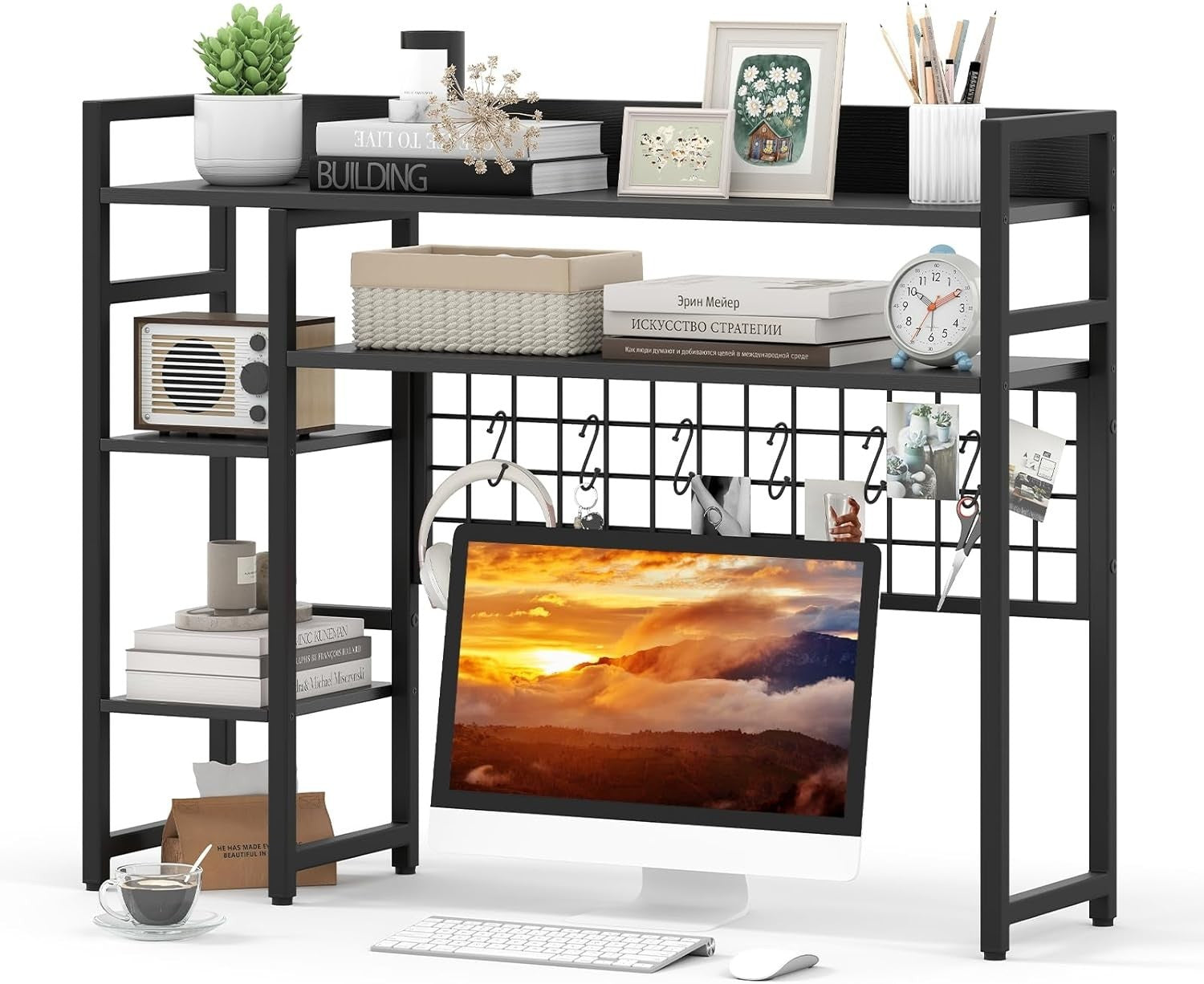 Desktop Bookshelf Hutch 4-Tier Monitor Shelf Storage Rack Grid Panel Hooks Black