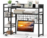 Desktop Bookshelf Hutch 4-Tier Monitor Shelf Storage Rack Grid Panel Hooks Black