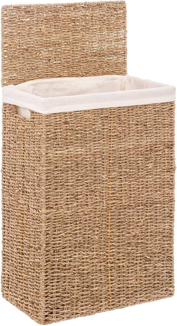 Seagrass Laundry Basket with Lid & White Liner – Tall Natural Hamper 56cm