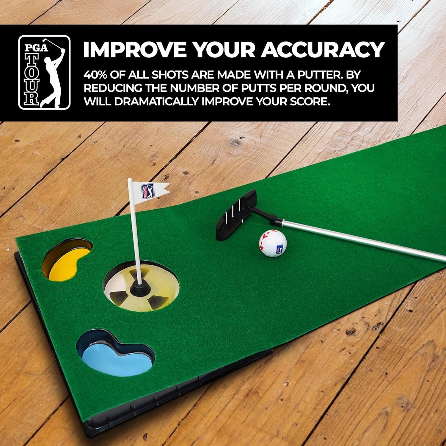 Golf Putting Mat Indoor Practice Set w/ Flag Target, Putter & Balls