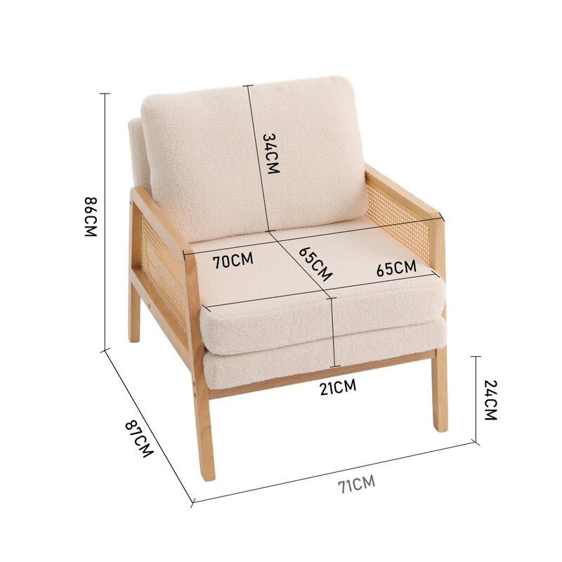 White Teddy Fleece Rattan Armchair Lounge Chair Modern Wood Accent Seat