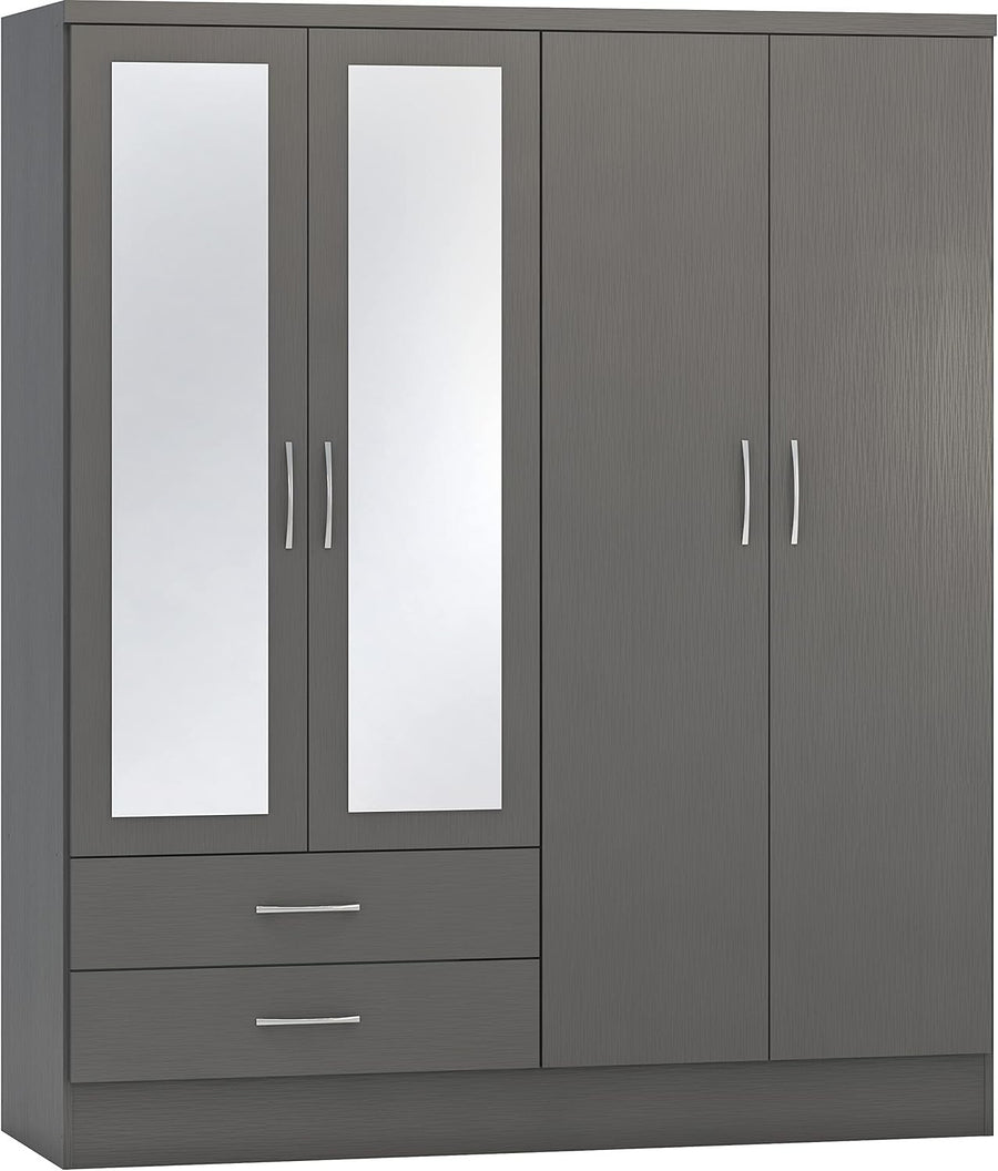 Modern 4 Door 2 Drawer Grey Wardrobe with Mirror & Spacious Storage
