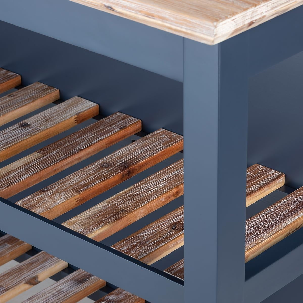 Breakfast Bar with Acacia Wood Top Storage Shelves Kitchen Island Navy Blue