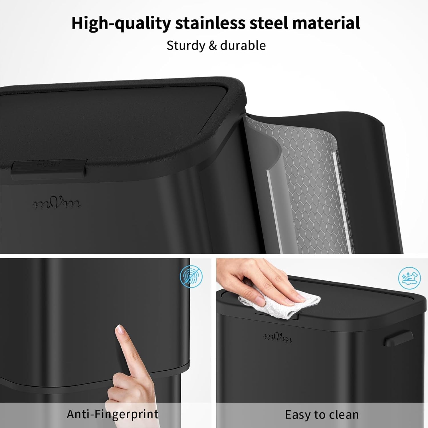 Large 60L Kitchen Trash Bin Black Stainless Steel Soft-Close Rubbish Can