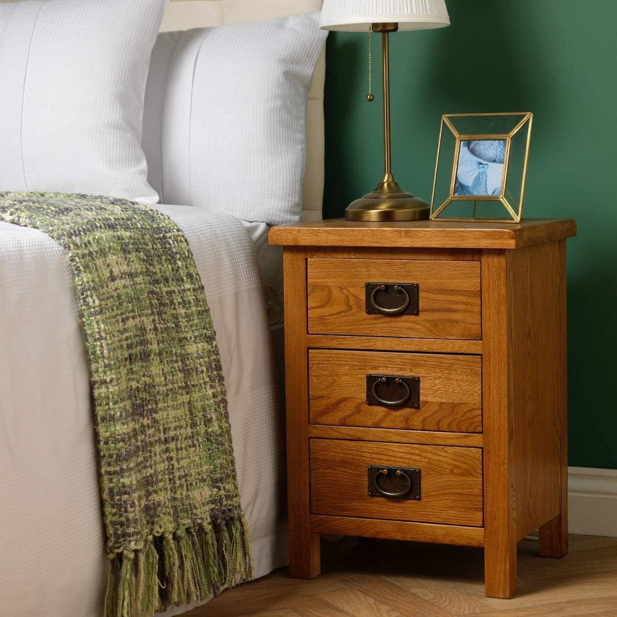 Rustic Oak 3 Drawer Bedside Table – Solid Wood Nightstand Storage Cabinet