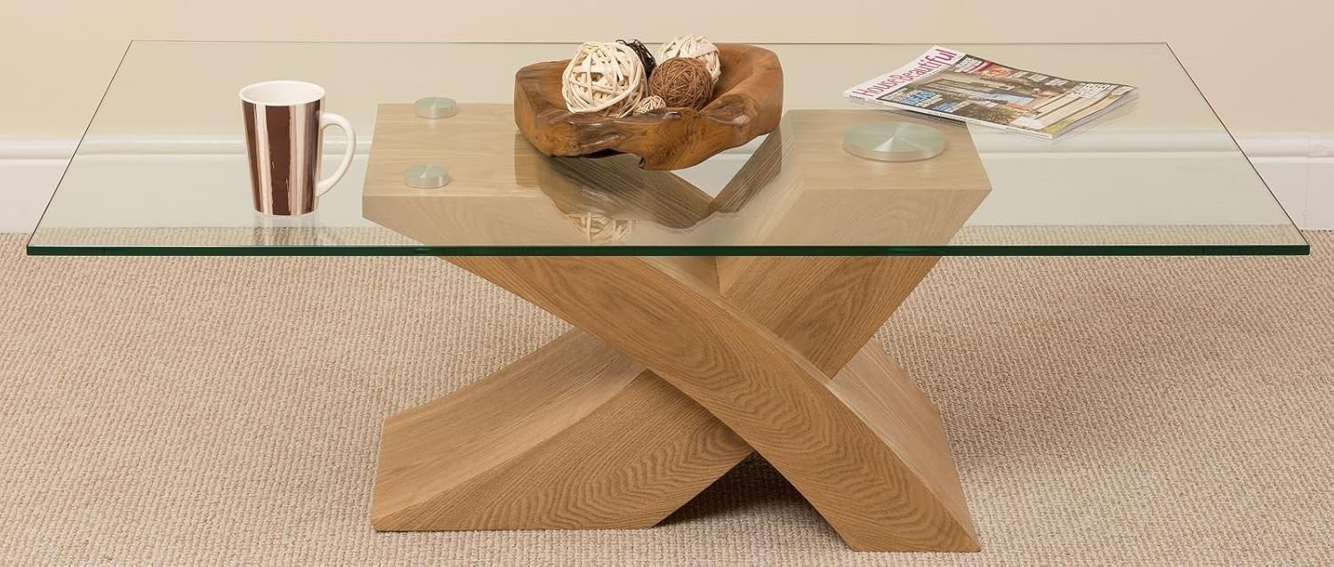 Modern Glass & Oak Coffee Table 135x80cm X-Shape Base Stylish Living Room